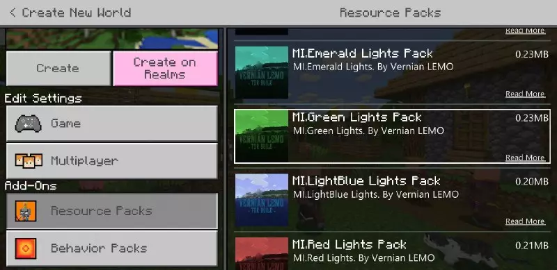 Menu from Colored Lights Shader for Minecraft PE