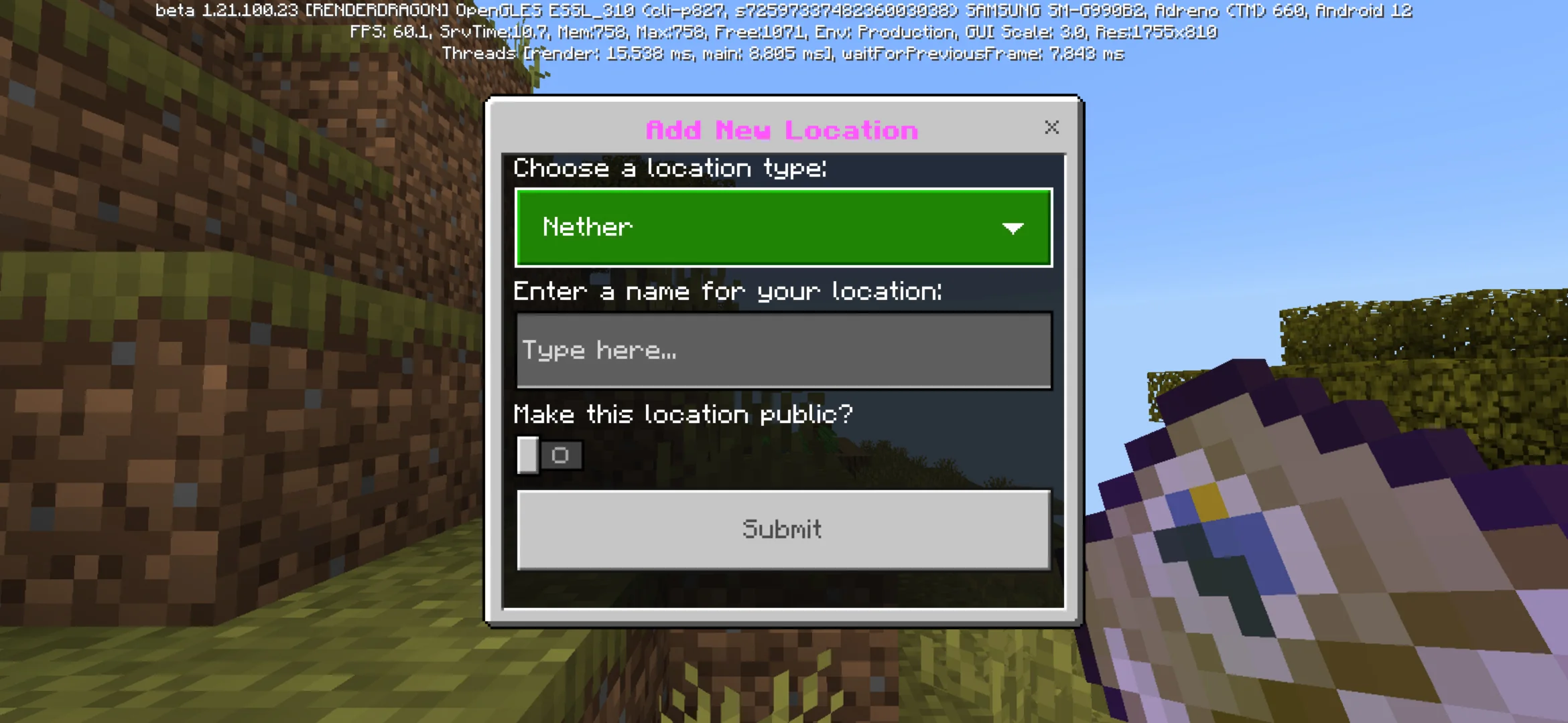 Location from Location Diary Mod for Minecraft PE
