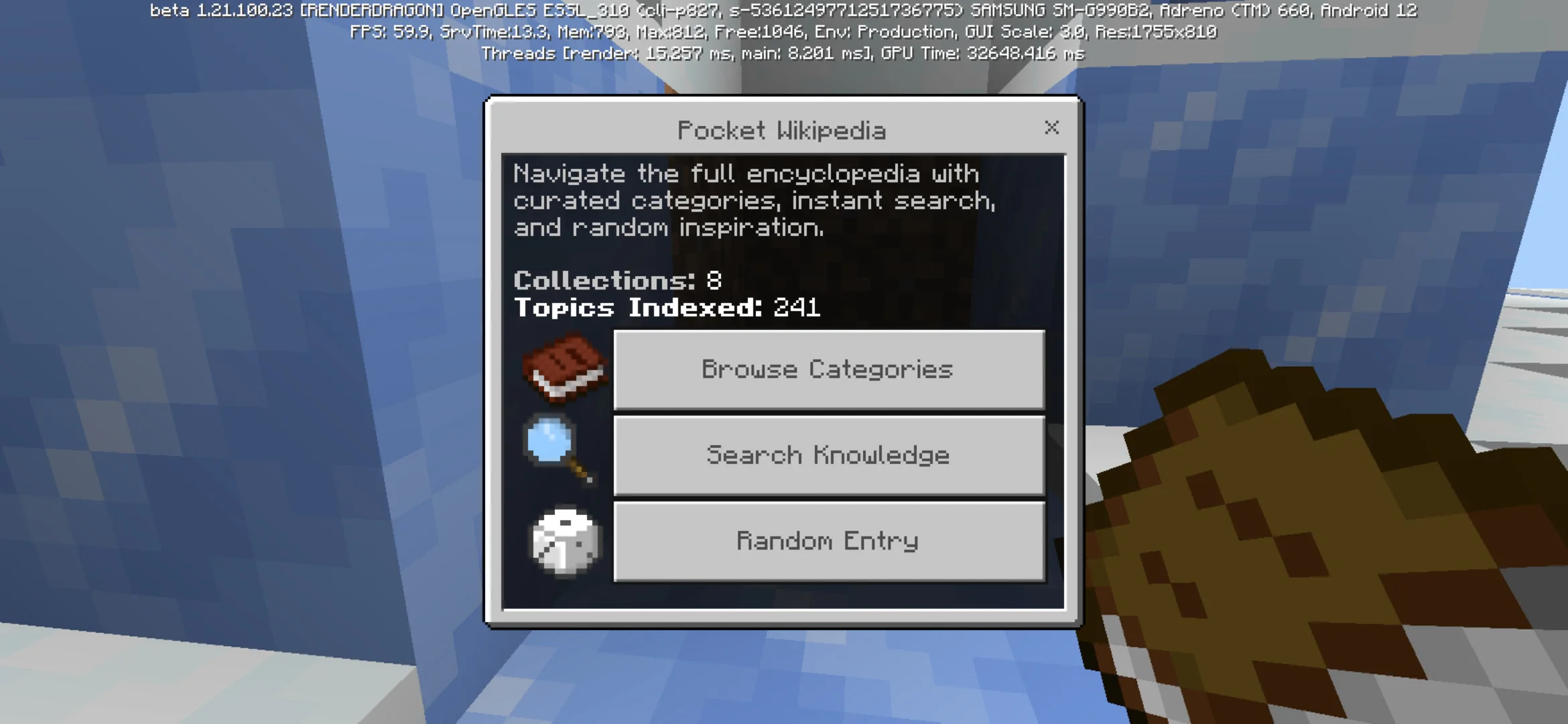 Main Menu from Pocket Wikipedia Mod for Minecraft PE