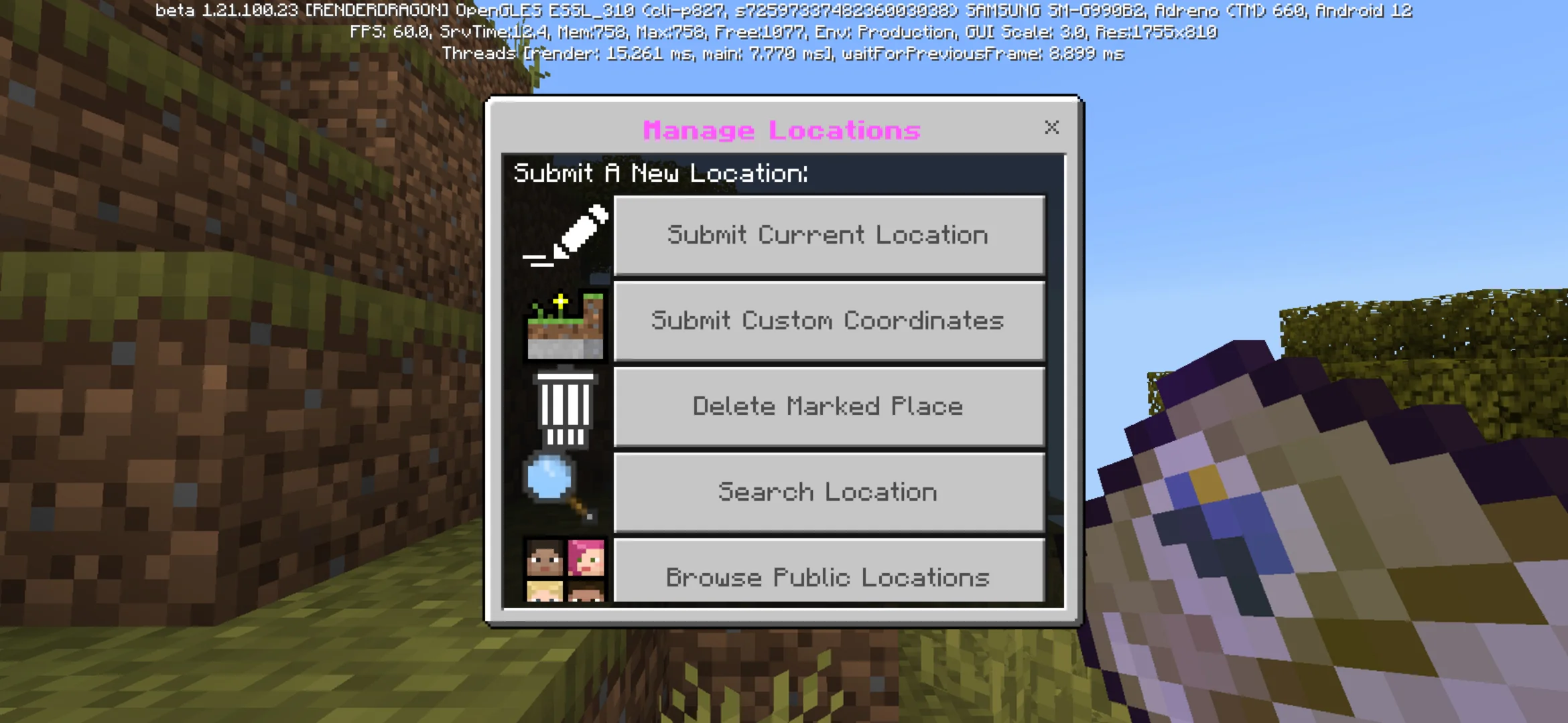 Manage from Location Diary Mod for Minecraft PE