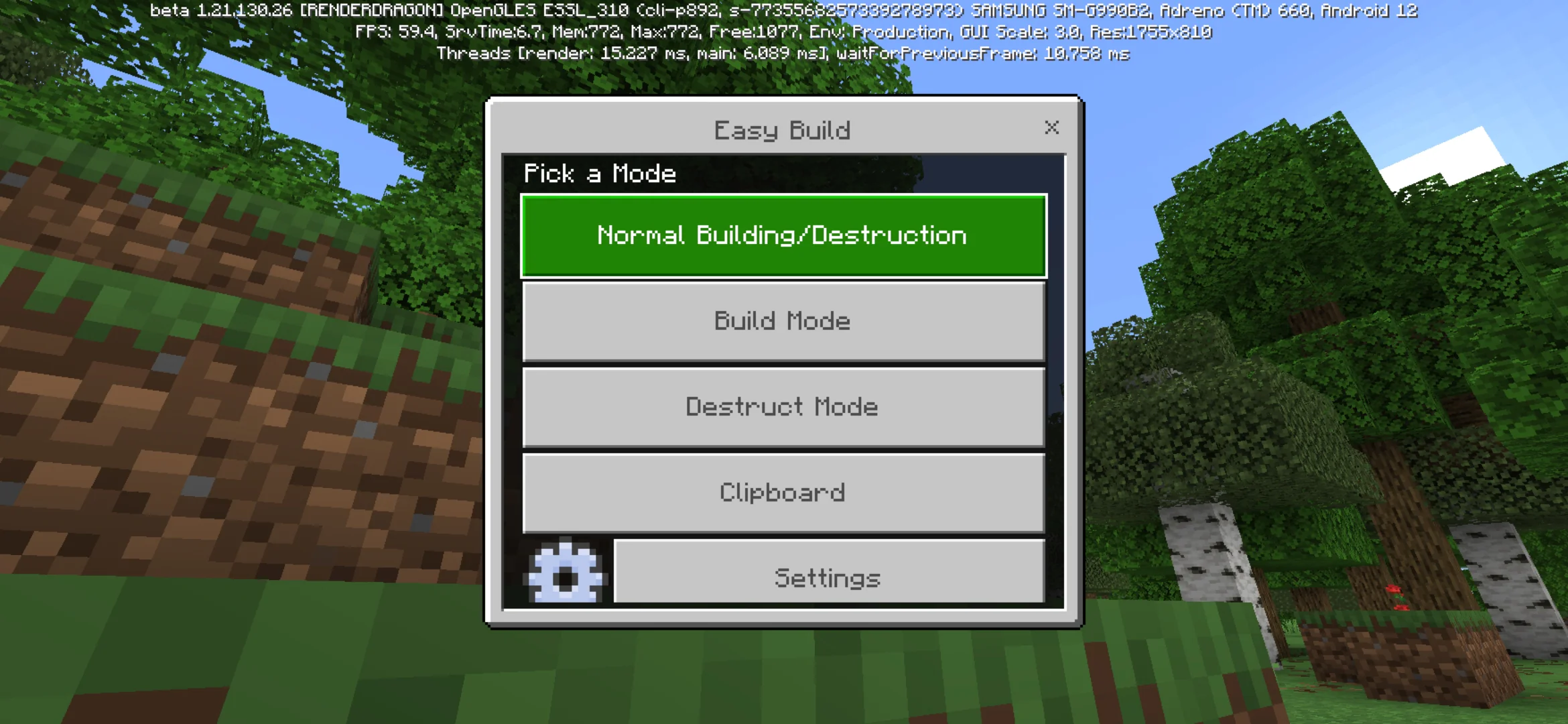 Settings from Effortless Building Mod for Minecraft PE