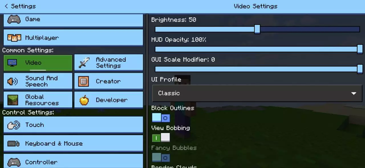 Settings from Neo UI Shader for Minecraft PE