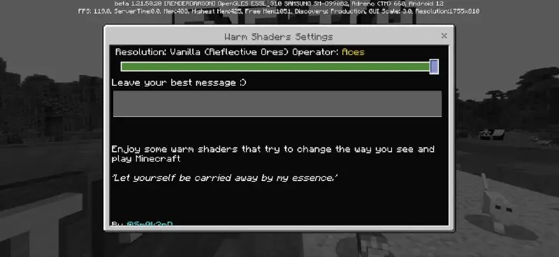 Settings from Warm Shaders for Minecraft PE